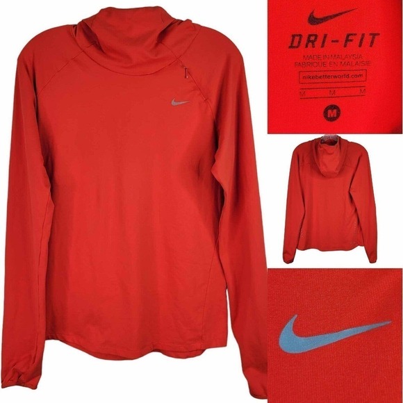 Nike Element Hoodie Size M Red Logo Nike Running Long Sleeve Thumb Holes - Picture 1 of 13